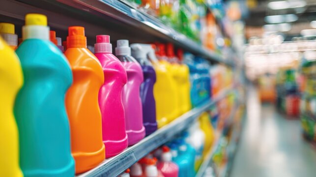 Supermarket cleaning aisle displaying neatly arranged bottles of colorful detergent and sprays.