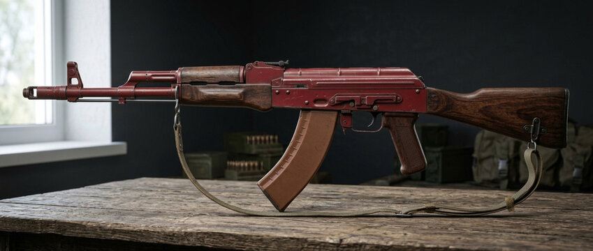 Classic AK 47 Rifle with Red Finish and Wooden Furniture Displayed on Rustic Table