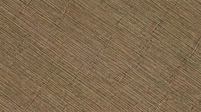 Aerial view of brown agricultural field with parallel furrows and soil texture patterns showing rows of harvested crops