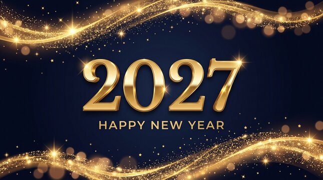Golden 2027 numbers with glittering particles and bokeh lights celebrating happy new year on dark blue background, festive new year eve design for greeting card.