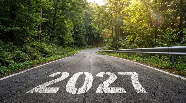 Vision 2027 on asphalt road ground. Business Target for 2027, Financial Goals and Business Strategy, Planning and Investment, not ai