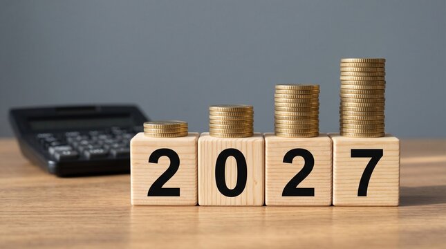 Stacks of coins with wooden blocks forming number 2027 for target financial growth, investment planning, money savings to wealth, business goals concept. Budget and tax, Happy new year 2027