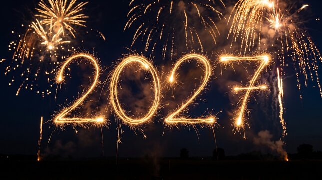 happy new year, new year's eve, silvester, new years eve, sparklers celebration greeting card, new year card - Year 2027 in sparkler font and firework fireworks pyrotechnic, blue night sky background