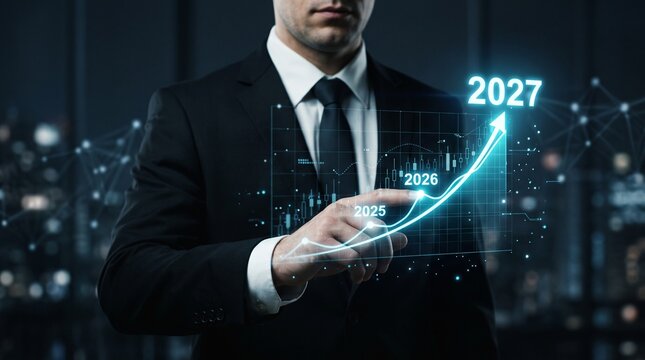 2027 financial growth and investment concept with stacked coins on wooden blocks and calculator