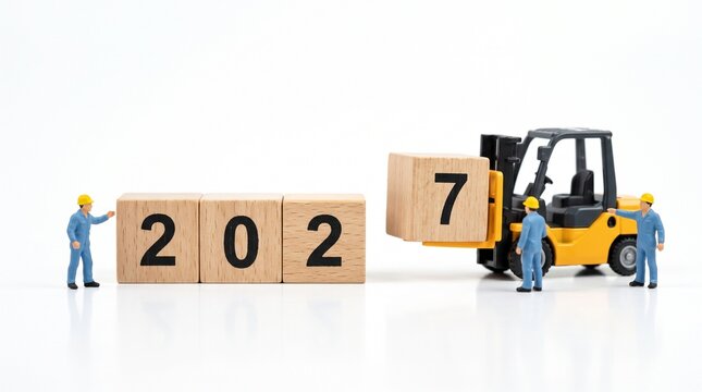 Miniature Workers and Forklift Changing Wooden Blocks from 2026 to 2027 New Year Concept
