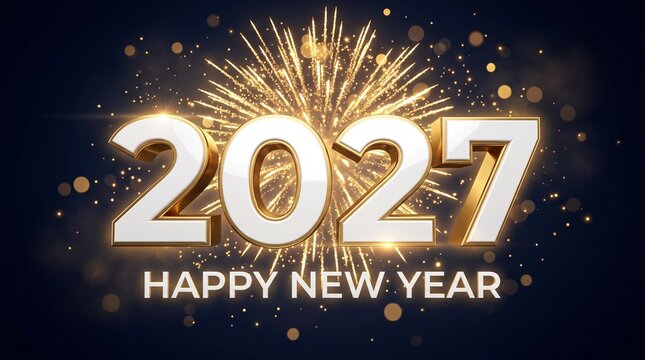 2027 happy new year celebration text with golden firework display on dark