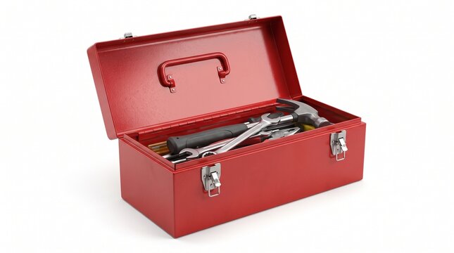 Open red metal toolbox filled with hand tools isolated against a clean white background