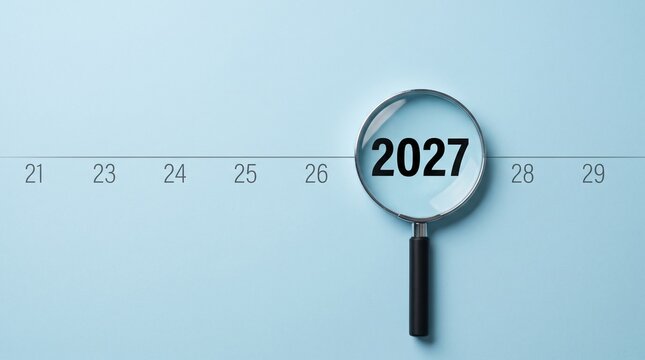 Magnifying glass focusing on 2027 year over timeline for future planning and business vision concept