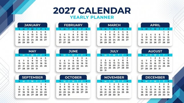 2027 calendar template, yearly planner, simple design, blue and white color scheme