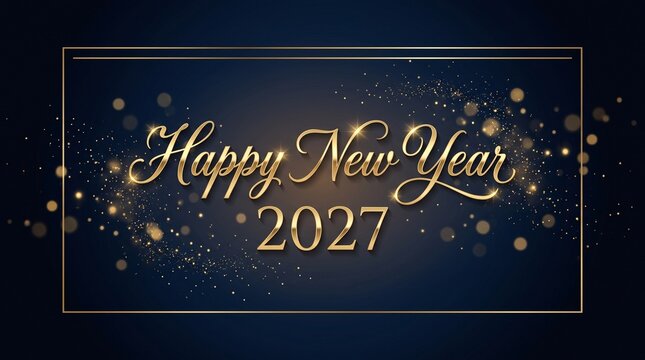 Happy New Year 2027 Celebration with Christmas Trees and Snow