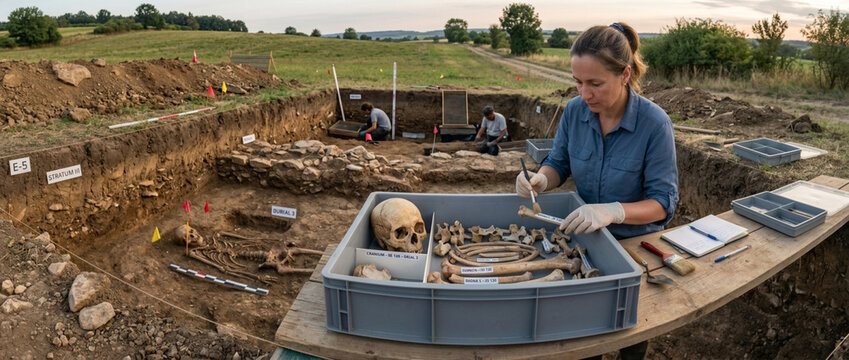Archaeologist carefully excavates ancient human remains and skeleton at historical dig site with team in background