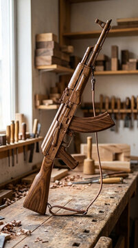 Artistic Wooden AK 47 Replica on Workbench in Craftsmanship Workshop