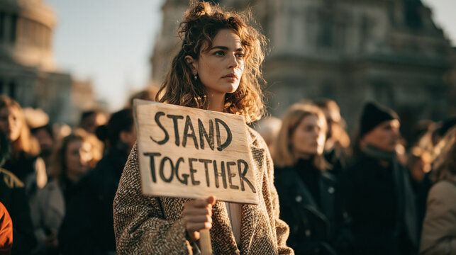 Woman Holding Stand Together Sign at Protest Rally