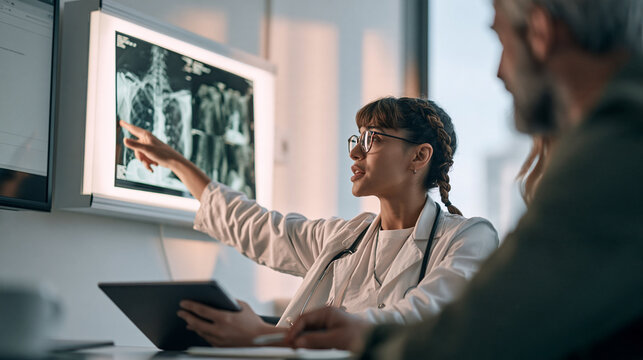 Doctor Explaining Chest X-Ray Results to Patient in Clinic