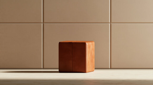 Brown Leather Cube Ottoman in Minimalist Interior Setting