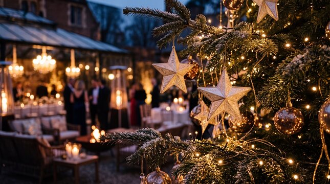 Decorated Christmas Tree at Festive Outdoor Evening Party