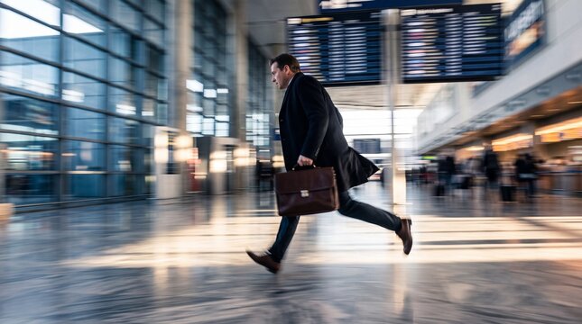 Businessman Running with Briefcase in Airport Terminal