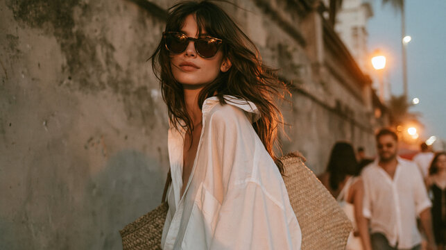 Stylish Woman in Sunglasses Walking on Street at Sunset