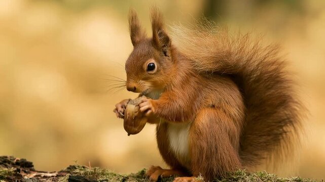 Red squirrel with a bushy tail and tufted ears sitting on mossy ground holding an acorn in its paws against a warm golden autumn background