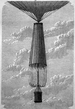 Parachute in 1880, during ascent in closed condition, historical, digital reproduction of an original from the 19th century