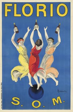 Advertising poster, beverage advertisement, Florio S.O.M. advertising poster from 1911, designed by the famous Italian graphic artist and poster artist Leonetto Cappiello, promotes Florio liqueur wine, a historic Italian winery from Sicily, which is particularly known for its Marsala wine, authentic reproduction of a historical advertising poster, advertising sign, in high resolution
