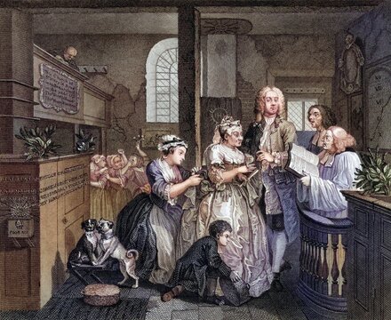 The Rakes Progress Marries an old maid From an original picture by Hogarth from The Works of Hogarth published London 1833, Historisch, digital restaurierte Reproduktion von einer Vorlage aus dem 19. Jahrhundert, Record date not stated