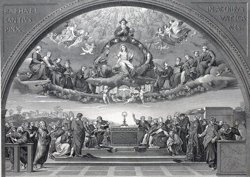 La Disputa, The Disputation of the Blessed Sacrament by Raphael, part of the frescoes in Raphael's Stanzas in the Vatican. The painting depicts theology as knowledge of divine things and is one of Raphael's most famous works, Historic, digitally restored reproduction of a 19th century original