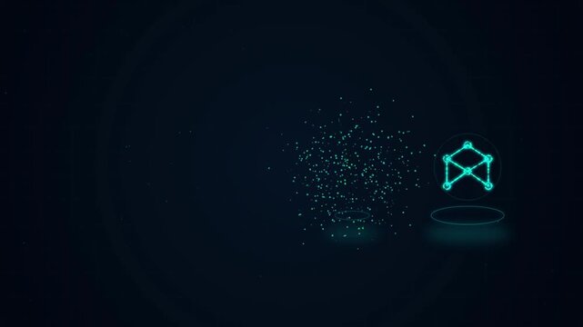 Teal cybernetic nodes form a geometric constellation in a glowing holographic matrix against dark digital space, ideal for scifi backgrounds.