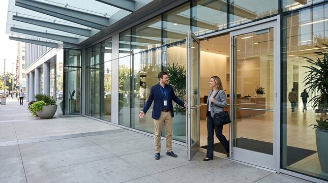 Office entrance with an employee holding the door for a visitor, tailgating and physical security awareness