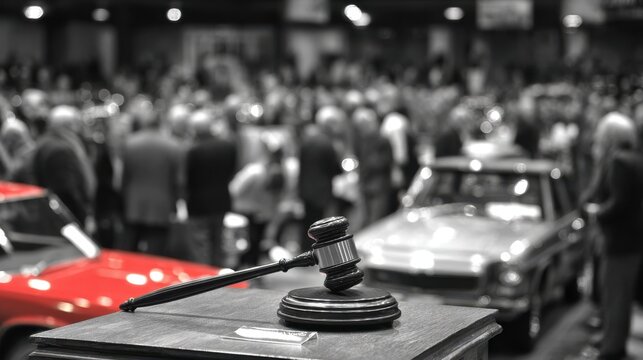 Gavel poised on auction podium in crisp detail background filled with indistinct crowd and vehicles capturing intense auction excitement.