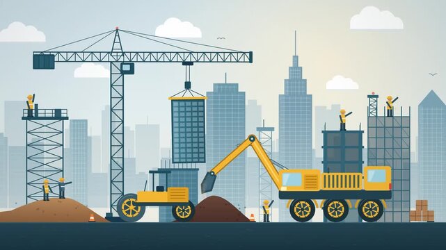2D flat vector animation of a city building construction site featuring a tower crane lifting modular structure, yellow excavator digging soil, tractor, scaffolding workers, and urban skyline.