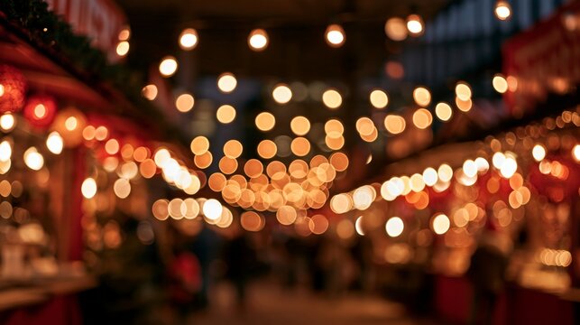 Golden stall lights form bokeh at a Christmas market during the evening Generative AI