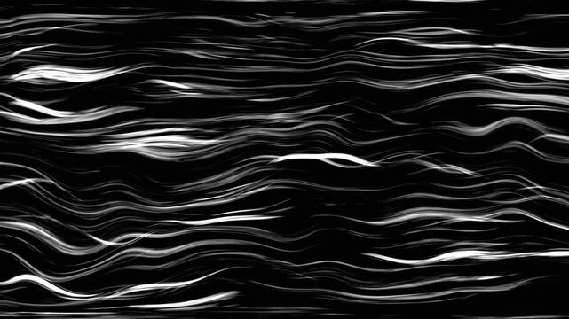 Abstract black background with flowing silver wave lines creating dynamic monochrome motion texture for digital screens, transitions, overlays, and modern graphic design