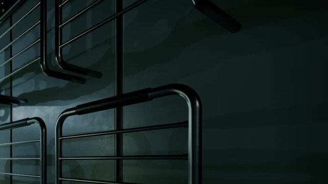 View of metal railings inside a train during nighttime. The railings are fixed to the wall, reflecting the low light. The scene captures the quiet atmosphere of travel at night.