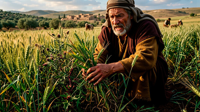 Biblical farmer examining weeds among green wheat in a field. Ancient man depicting the parable of the wheat and the tares in a rural landscape