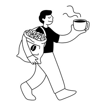 coffee supplier illustration. Man carries a full bean sack and a steaming mug for roastery and delivery.