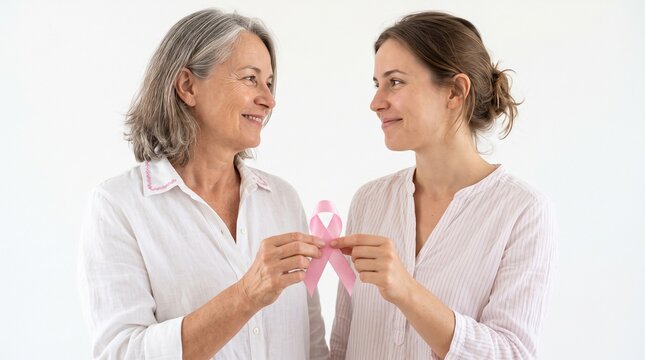 Two women, an older woman with gray hair and a younger woman with brown hair, hold a pink ribbon together, symbolizing support and awareness for breast cancer