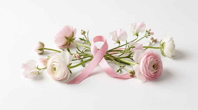 A pink ribbon symbolizing breast cancer awareness is beautifully arranged with delicate pink and white flowers