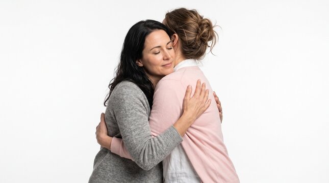 Two women embracing warmly, one with eyes closed and a gentle smile, conveying comfort and connection