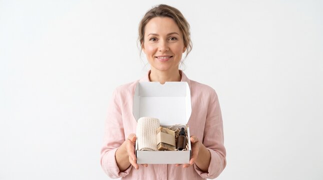A woman smiles and presents a white box filled with artisanal soaps. The soaps appear to be handcrafted with natural ingredients, varying in color and texture.