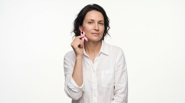 A woman wearing a white shirt and pink ribbon earrings looking at the camera with a soft smile. She holds one earring in her fingers.