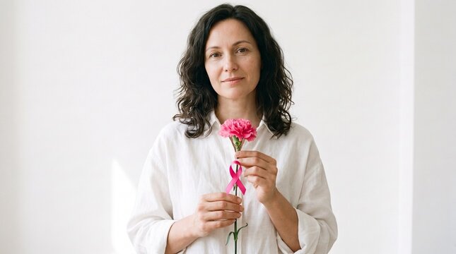 A woman holding a pink carnation with a pink ribbon tied around it, representing support and awareness for breast cancer. She stands against a plain white background.