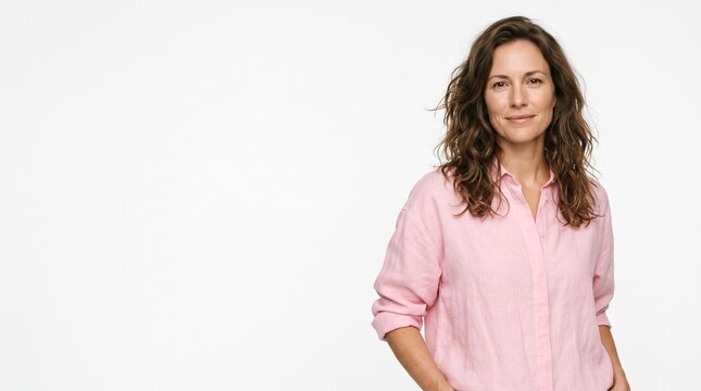 A confident woman with wavy brown hair, wearing a pink collared shirt, smiles at the camera with her hands in her pockets. Her expression is relaxed and self-assured.