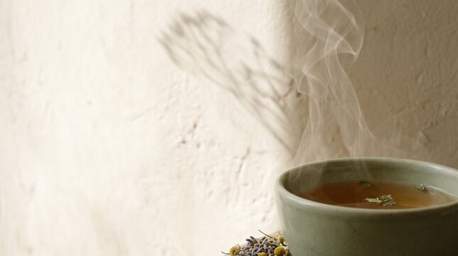 Delicate steam shadows above an herbal tea cup