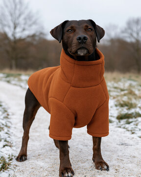 Brown dog in an orange fleece jacket standing in snow