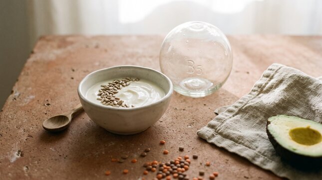 Yogurt and sunflower seeds beside a Vitamin B5 bubble