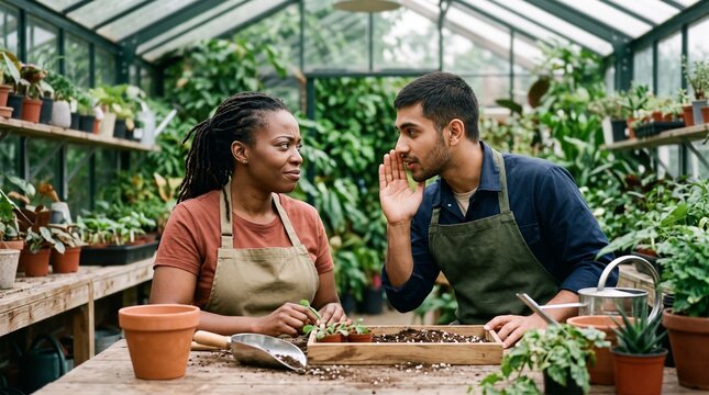 Garden employee whispers to a coworker at potting bench