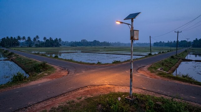 Solar streetlight at a rural Sri Lankan junction at dusk