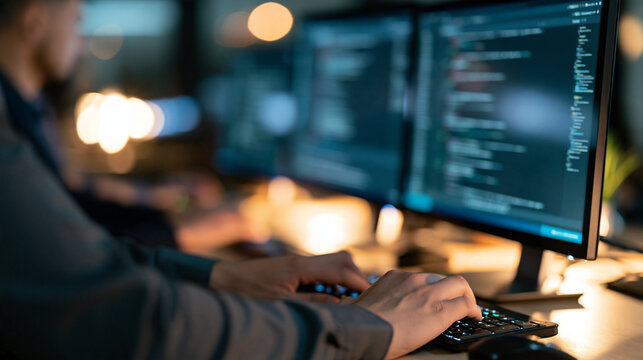 Faceless developer programming in front of multiple screens, with copy space