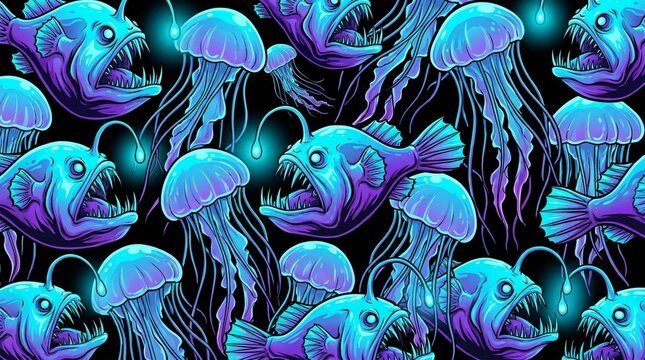 Vibrant artistic seamless pattern featuring deep sea anglerfish and glowing jellyfish in a dark aquatic environment with cool neon blue and purple color tones, isolated on a white background